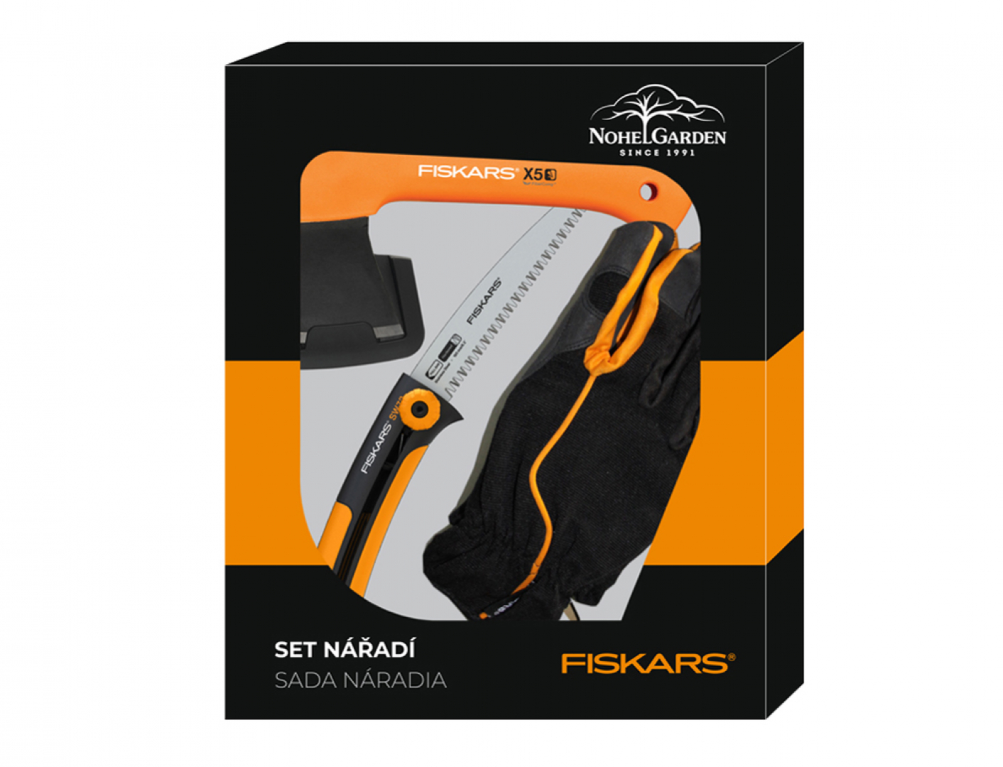 Fiskars Set outdoor pilka Xtract + sekera X5 + rukavice