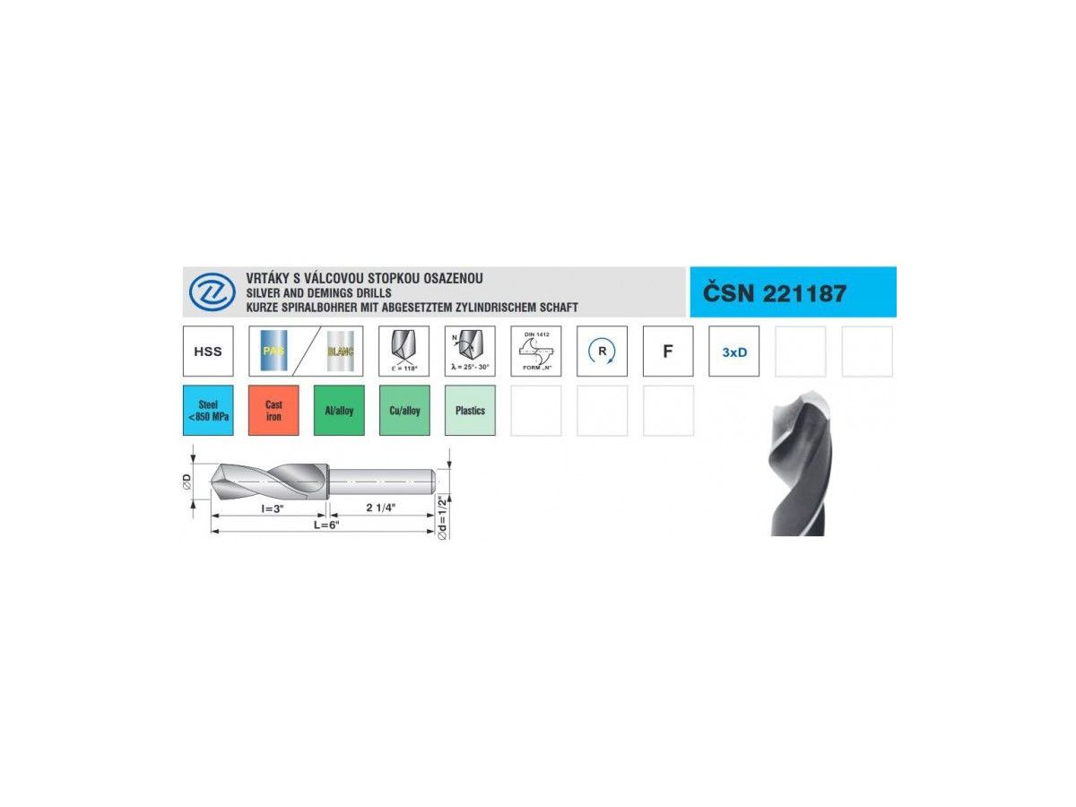 Vrták s válcovou stopkou osazenou ČSN 221187, 24,00 mm HSS